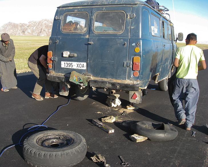 car breakdown, breakdown, van, wheels, mongolia, mutual aid, men