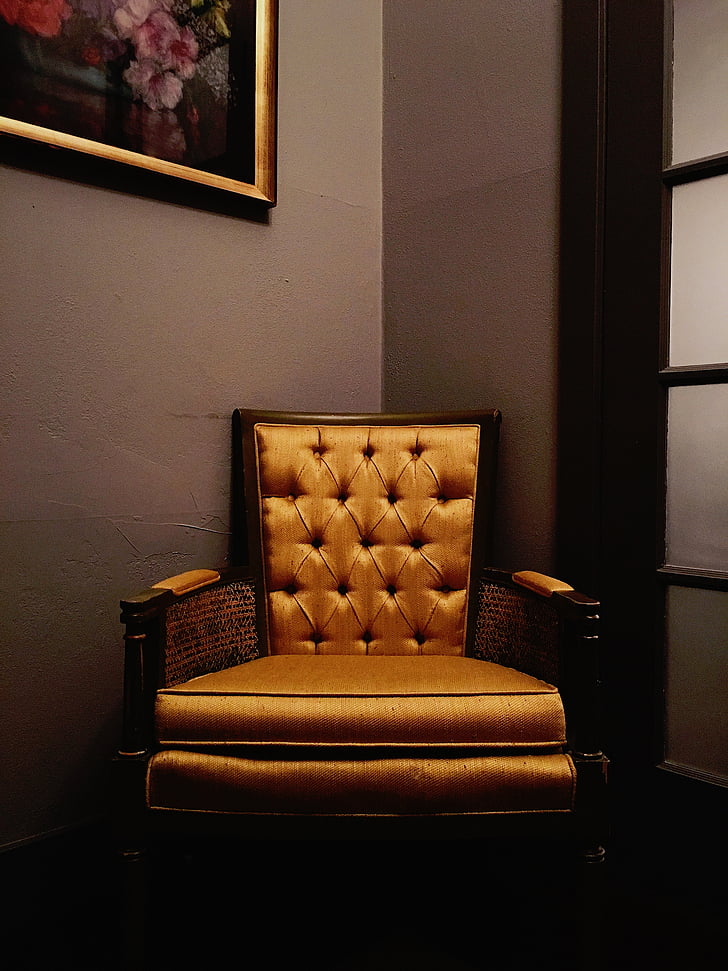 interior, cadira, coixí, or, llautó, fusta, pintura
