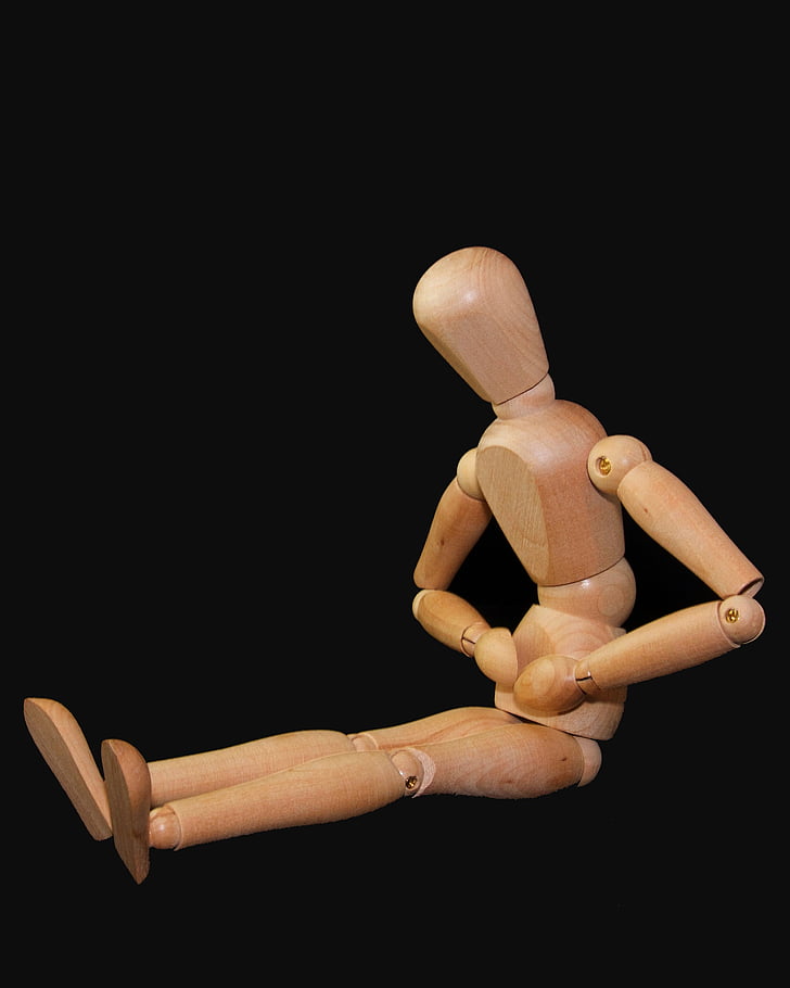 figure, man, sit, bellyache, stomach ache, doll, holzfigur