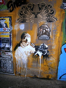 Graffiti, mur, peinture murale, peintures murales, appel, homme, chercheurs