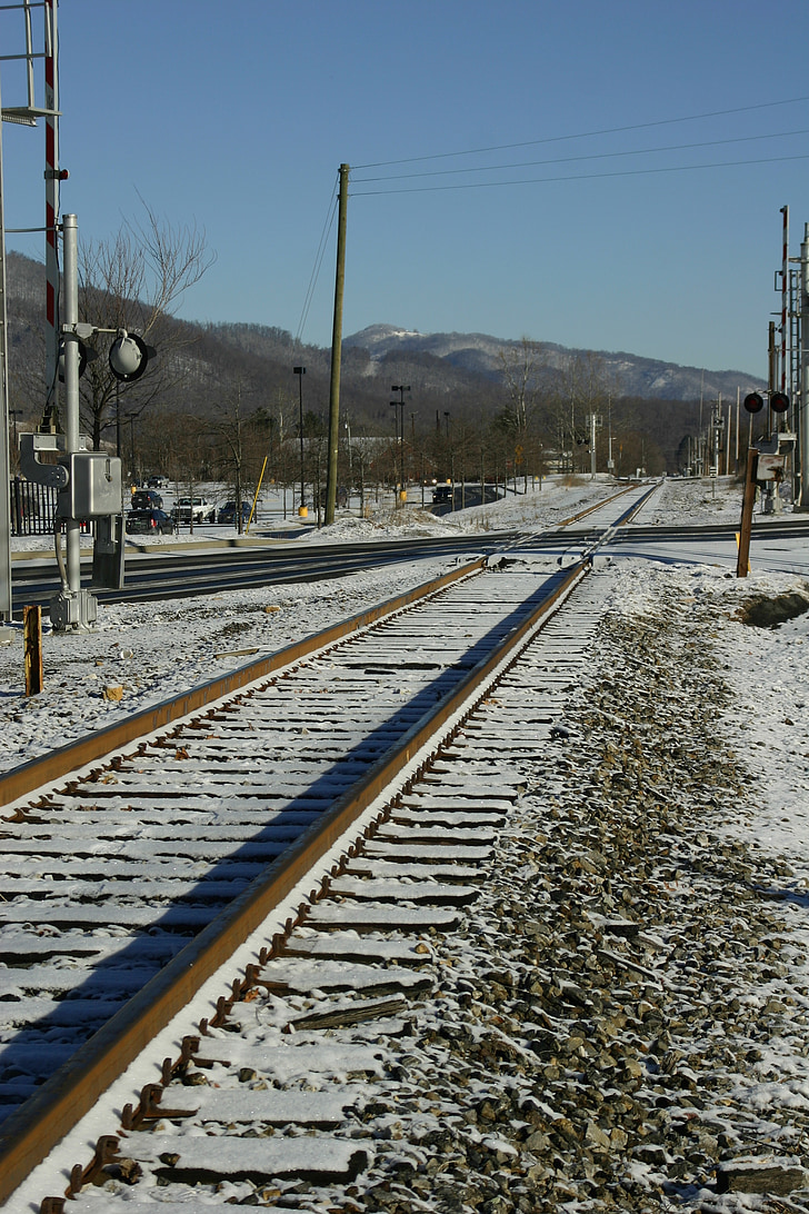 railroad tracks, snow, small town, winter, transportation, railway
