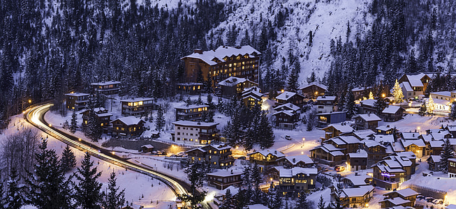 Courchevel, muntanya, neu, l'hivern, pistes d'esquí, nit, Alps