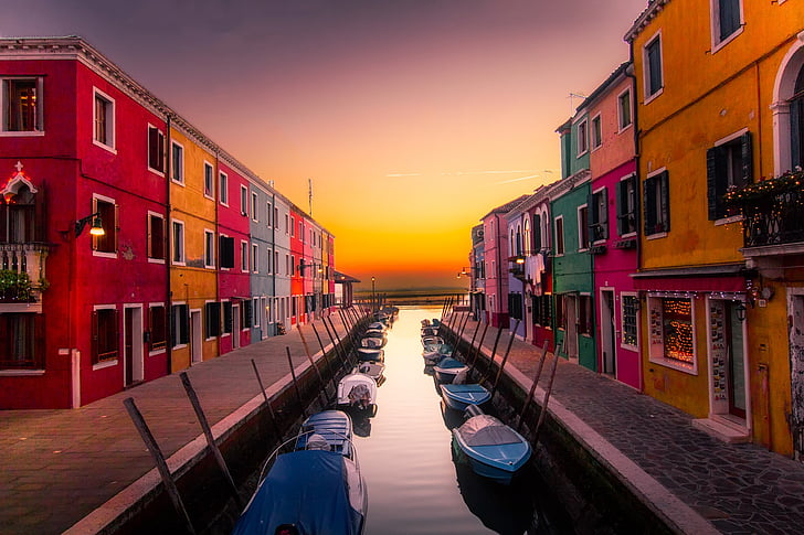 venice, italy, burano island, buildings, colors, boats, canal