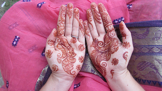 India, esküvő, kezek, Henna tetoválás, rózsaszín, házasság, kultúra