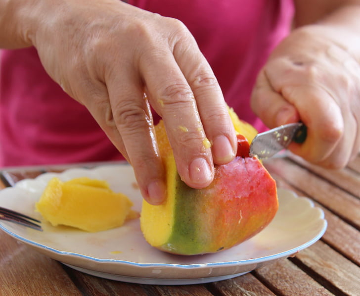 mango, hand, fruit, cut, knife, sweet, delicious