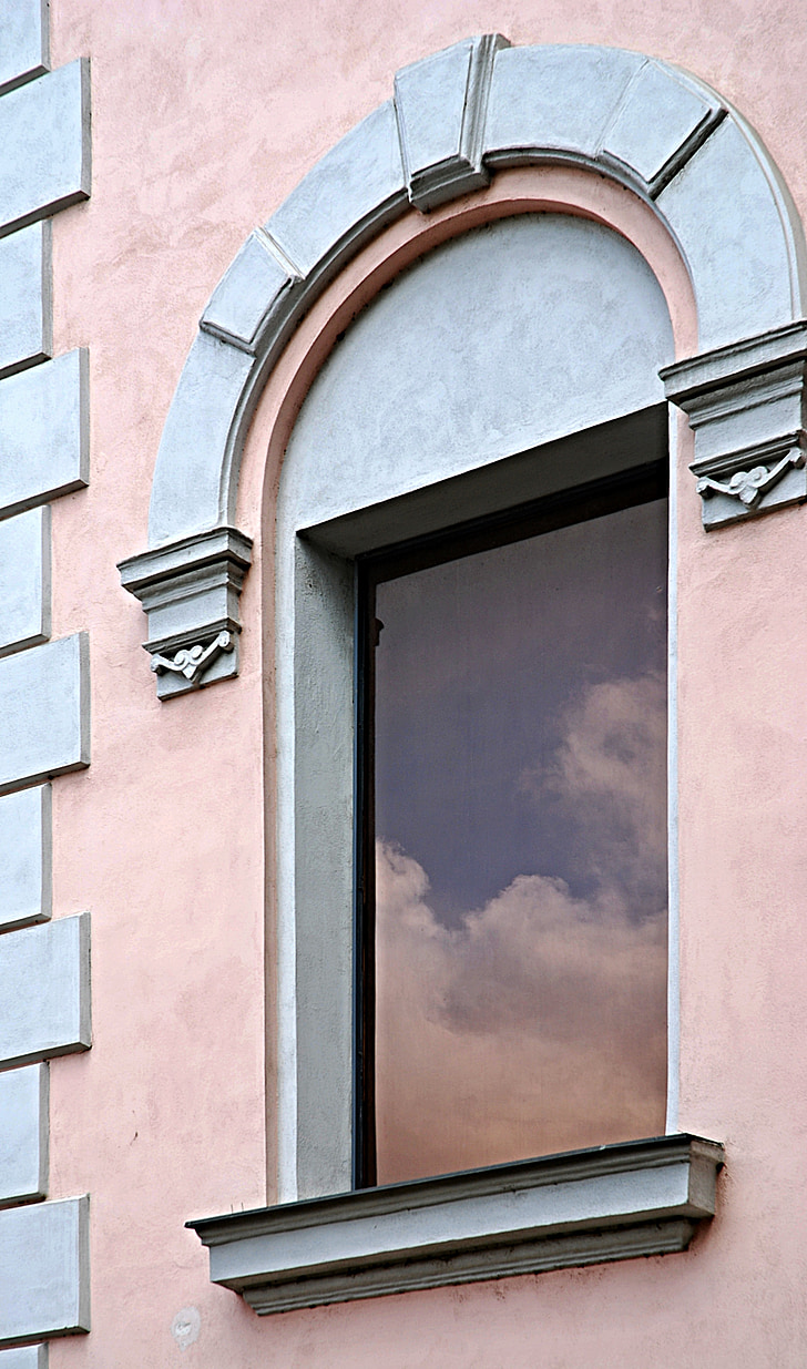 okno, odsev, arhitektura, nebo, oblaki