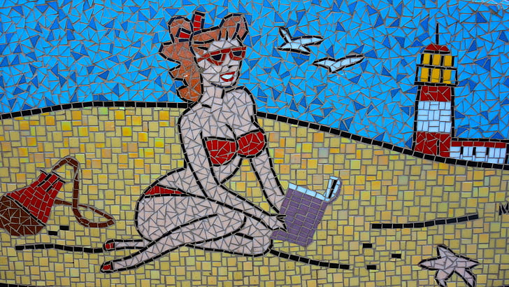 mozaik, Beach, olvassa el, csempe, világítótorony, Hollandia