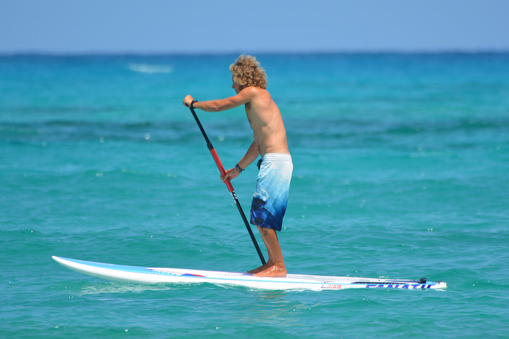 man, people, paddle, sea, swim shorts, surfboard, ocean