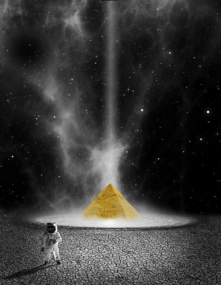 astronaut, ruimte, ster, sterrenhemel, Pyramide, één dier, nacht