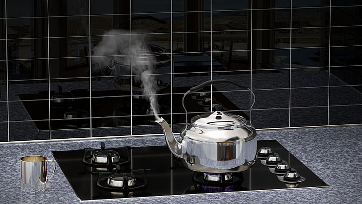 dapur, hidup, ketel teh, refleksi, modern, masih hidup, 3D