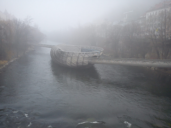 Graz, Murinsel, niebla, otoño, puente, arquitectura, punto de referencia