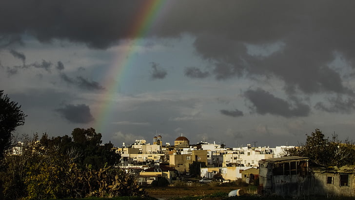 rainbow, storm, town, sky, clouds, paralimni, cyprus