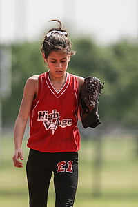 softball, player, female, glove, uniform, bow, competition