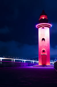 lighthouse, red, busan, zero, gravel beach, hang bridge, night