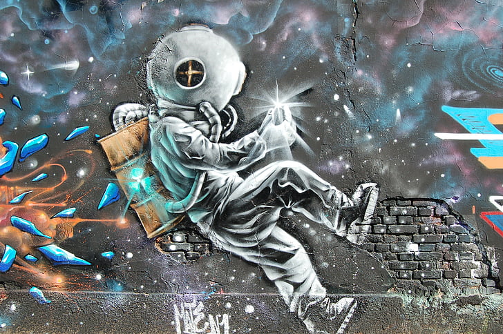 makro, shot, Fotografie, astronaut, zeď, graffiti, umění