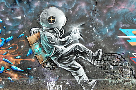 macro, tir, fotografia, astronauta, paret, graffiti, Art