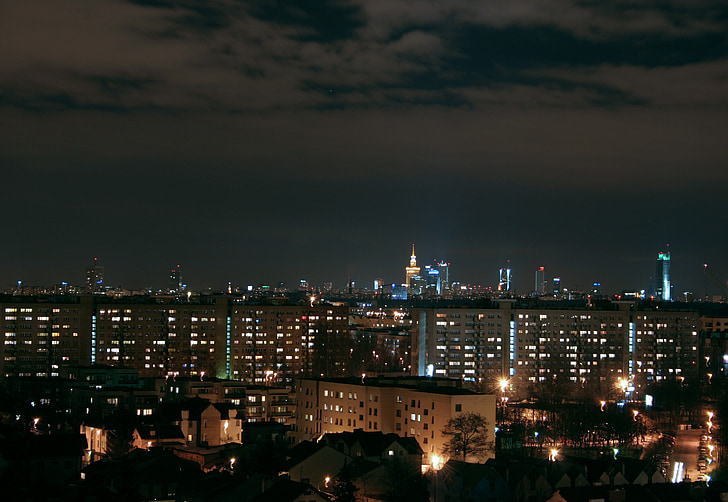 Warsawa, Polandia, Kota, Panorama, malam, cahaya, aglomerasi