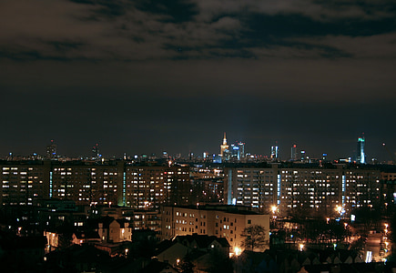 Варшава, Полша, град, панорама, нощ, светлина, агломерация
