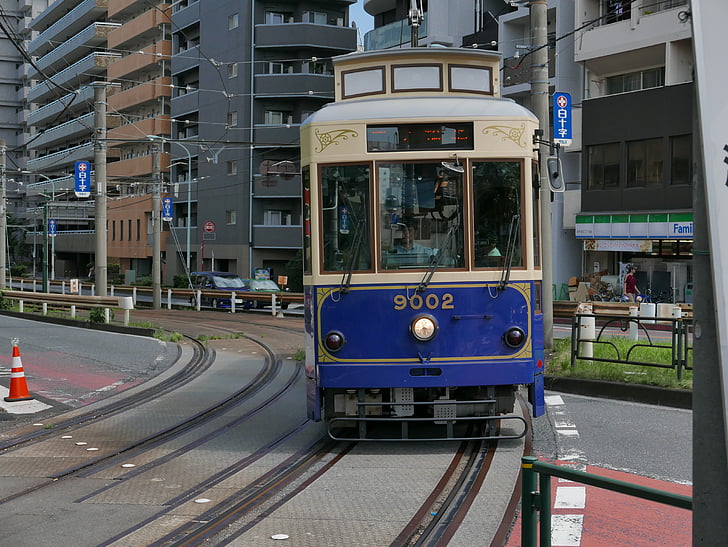 tram, old tram, train, tracks, street, commute, blue