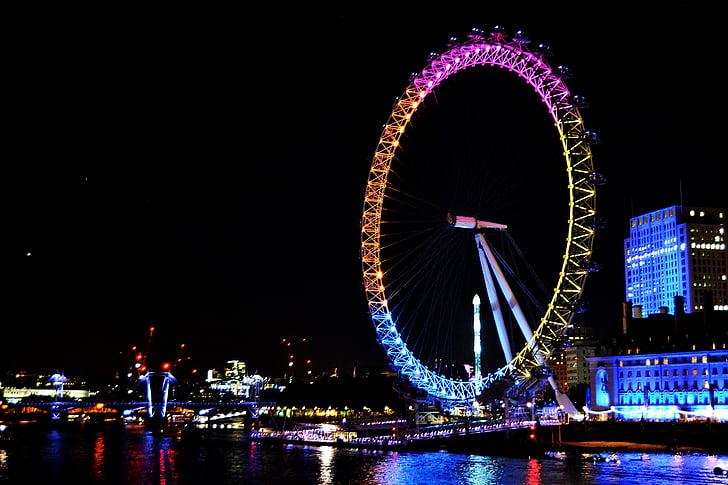 Londyn, Anglia, LondonEye, światła, kolory, Wieczorem, piękno