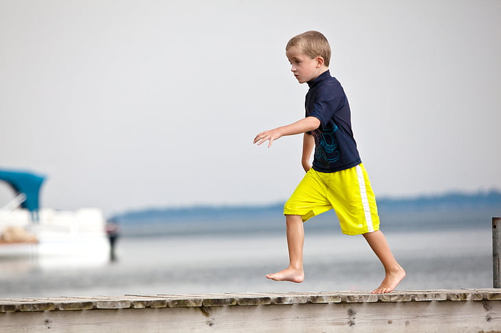 dock, young boy, running, child, boy, young, outdoors