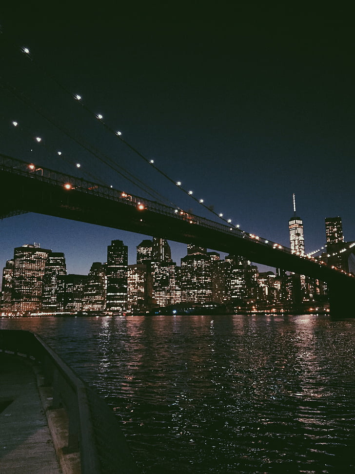 мълния, мост, през нощта, Ню Йорк, град, Ню Йорк, сгради