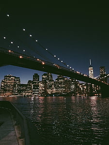 villám, híd, éjszakai, New York-i, város, NYC, épületek
