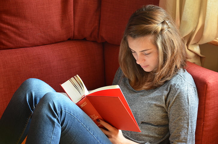 lasīt, grāmatas, meitene, pētījums, mācīties, dīvāns, brīvais laiks