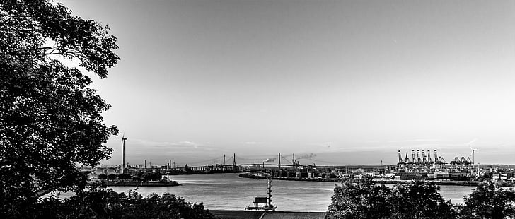 Hamburg, Elbe, Dźwigi portowe, Port, Port w Hamburgu, Most Köhlbrand, s w