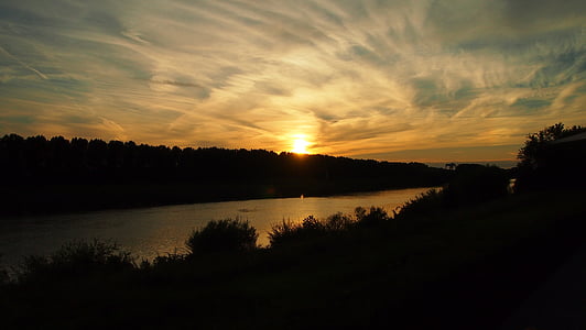 Západ slunce, Maas, Venlo, obloha, řeka