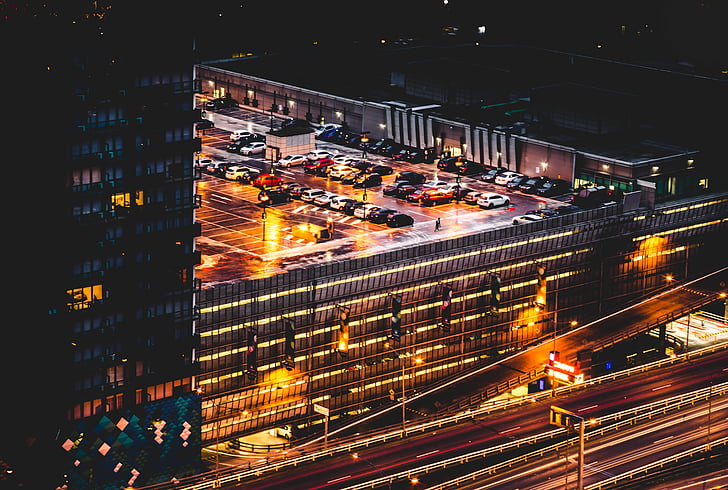 Architektura, budova, automobily, město, Centrum města, osvětlené, světla