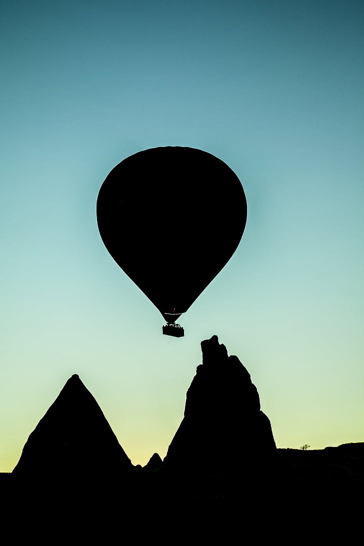 silhouette, balloon, travel, sky, flight, sunset, basket