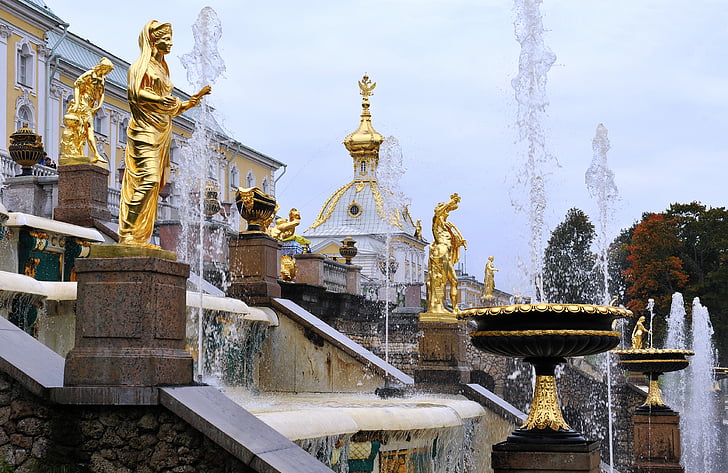 Peterhof, puistot, suihkulähteet, arkkitehtuuri, kuuluisa place, patsas, veistos