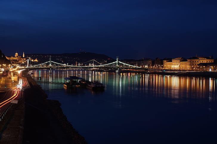 budapest, danube, at night, city, dark, bridge, reflection