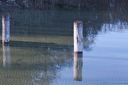 lake, pier, water, wooden posts, nature, bank, waters