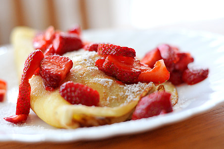 strawberries, pancakes, dessert, breakfast, food, sweet, homemade