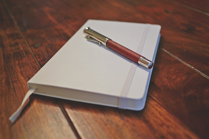 balta, piezīmju grāmatiņas, pildspalva, rakstīt, dienasgrāmata, koka, tabula