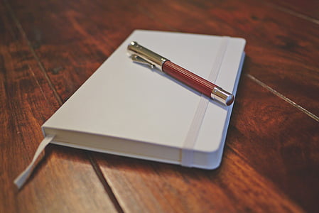 white, notebook, pen, write, diary, wooden, table
