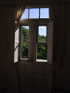 okno, podsvícení, obloha, vegetace, slunce, dveře, bílá