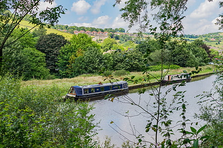 Canal, båt, landskap, Stalybridge, Huddersfield smala kanalen