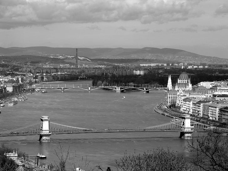 Budapest, Bridge, Donau, svart-hvitt