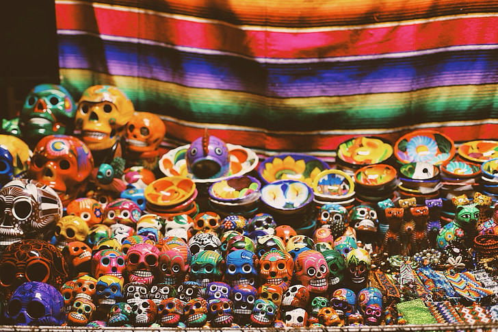 schedels, kunst, markt, dag van de doden, Mexico, multi gekleurd, culturen