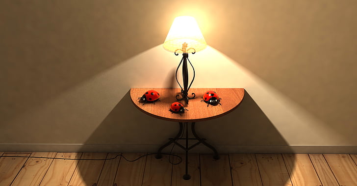 tabela, lâmpada, iluminação, parket, terreno, quarto, humor