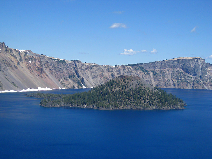 illa auxiliar, Llac de cràter, serralada de les cascades, Parc Nacional, Oregon, cascada, volcà