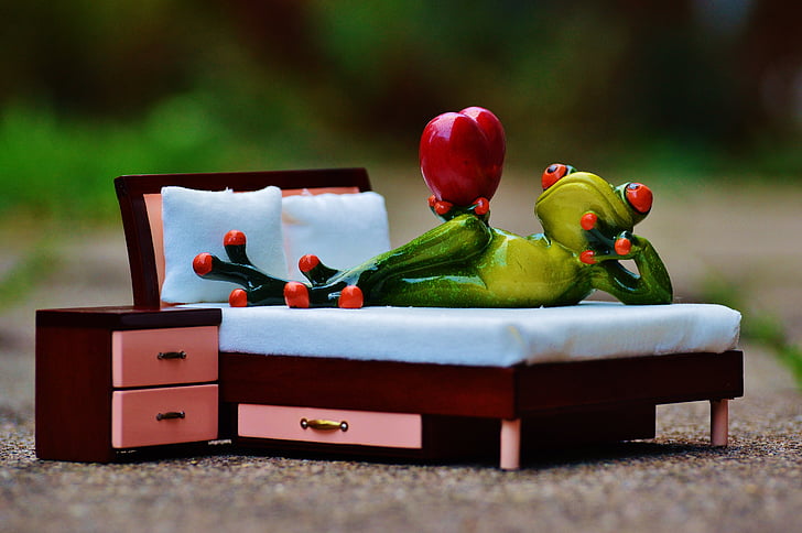žaba, ljubav, krevet, noćni stol, srce, slika, smiješno