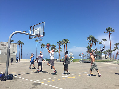 basquete, Veneza, Califórnia, jogo, praia, jogando, homens