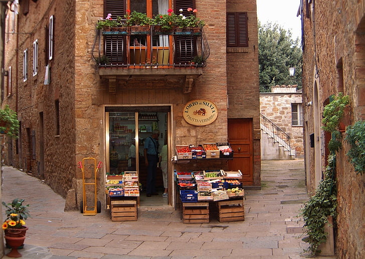 negoci, música, venda, Toscana, poble, carreró, arquitectura