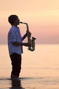 glazba, Zapad, more, plaža, zalazak sunca, Baltičko more, saksofon