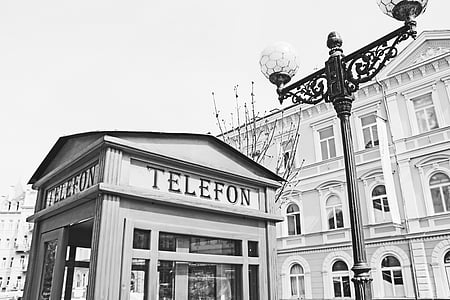 telefon, telefonfülkében, lámpa, régi, fekete-fehér, Spa, Karlovy vary-i