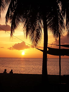 günbatımı, plaj, Guadeloupe, Güneş, gökyüzü, Kırmızı, Turuncu